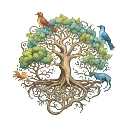 Tree Of Life With Roots With A Woman's Body As The Trunk And 3 Small Birds Playing In The Branches