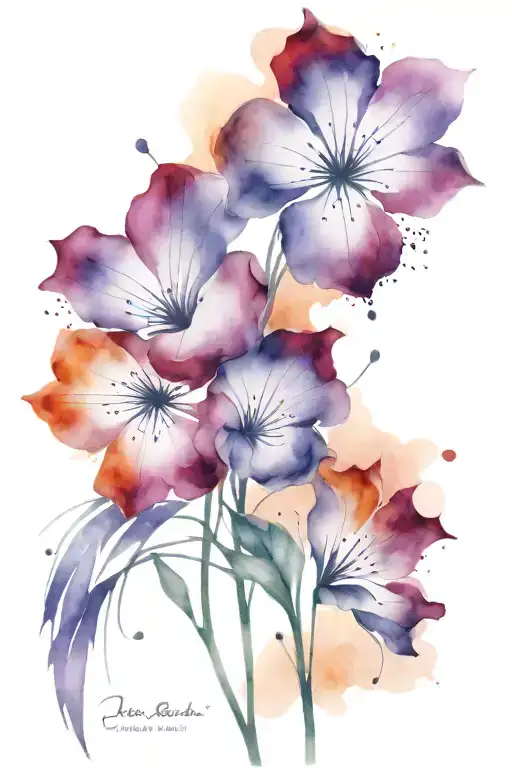 Brush And Abstract Lines With Three Purple Flowers