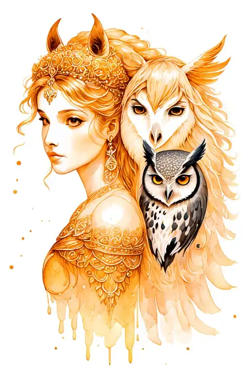 Goddess Nyx With An Owl And A Horse Head