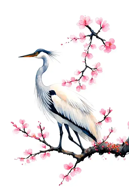 Japanse Crane With Cherry Blossoms On Branch