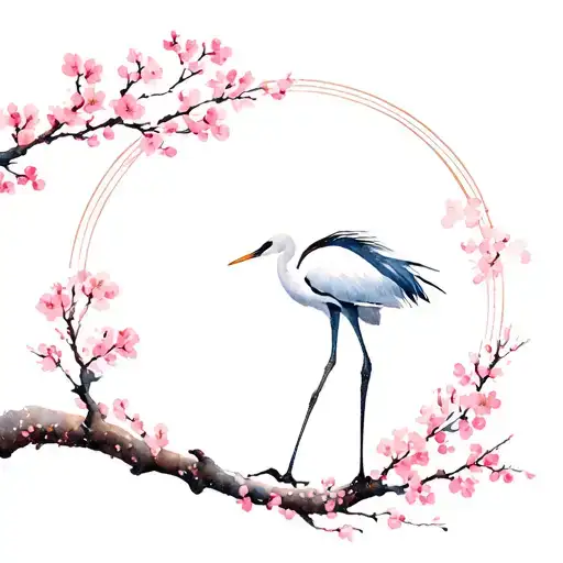 Japanse Crane With Cherry Blossoms On Branch Circle Design