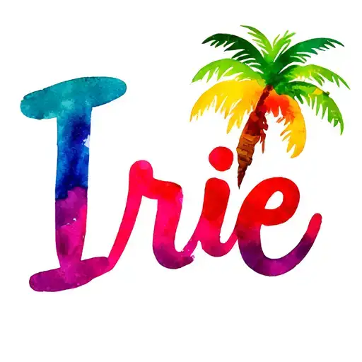 The Word Irie In Reggae Colors With A Palm Tree In Cursive