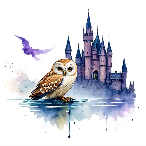 Harry Potter Castle With Hedwig Owl In Water Color Look