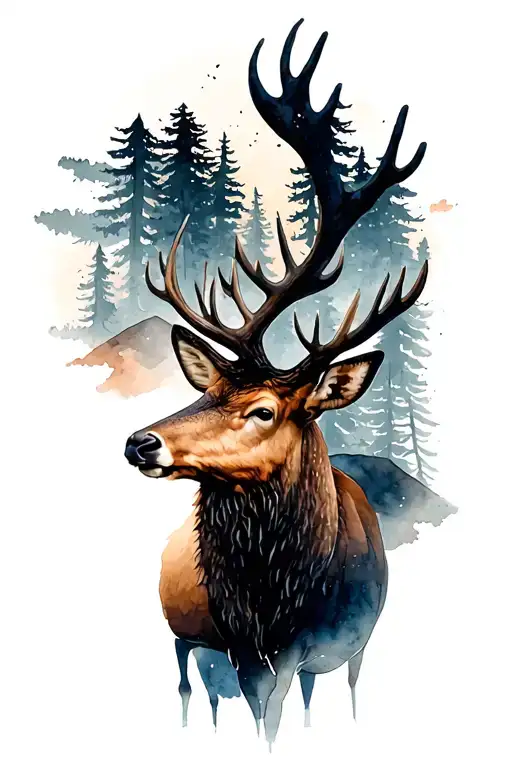 Elk On Mountain With Forest Trees Looking