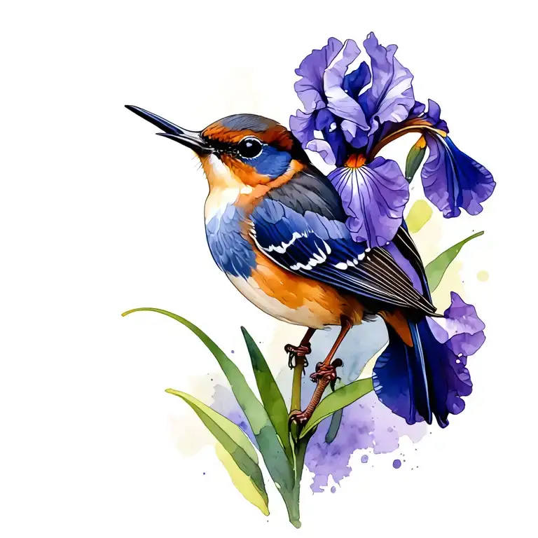 Wren And Purple Iris Flower