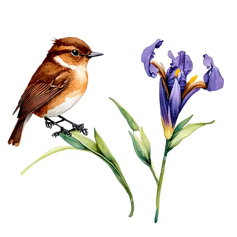 Brown Wren And Purple Iris Flower
