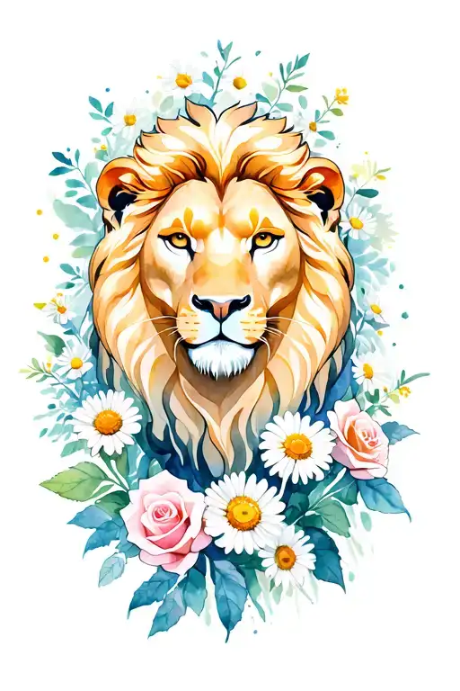 Golden Lion Surrounded By Roses And Daisies