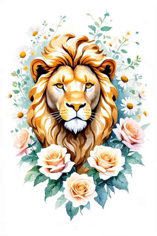 Golden Lion Surrounded By Roses And Daisies
