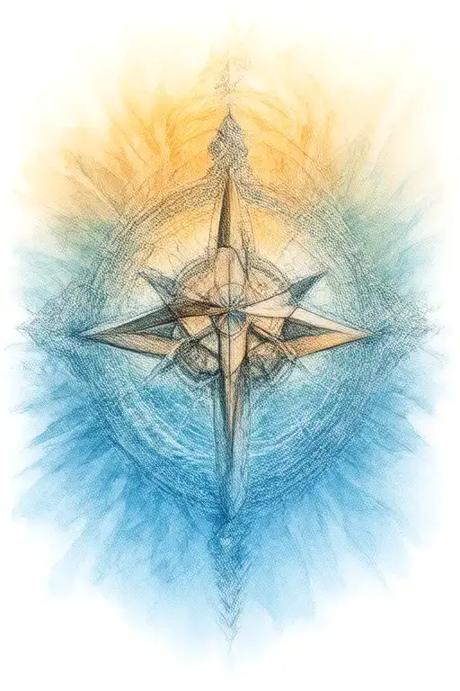 A Detailed Compass Rose Surrounded By Flowing Water And Sun Rays Representing Guidance And Strength