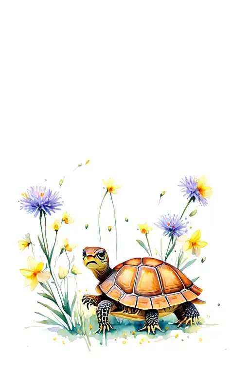 Turtle Surrounded By Asters And Daffodils