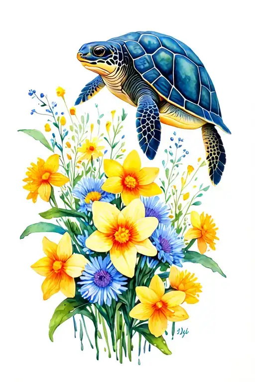 Seaturtle Surrounded By Asters And Daffodils
