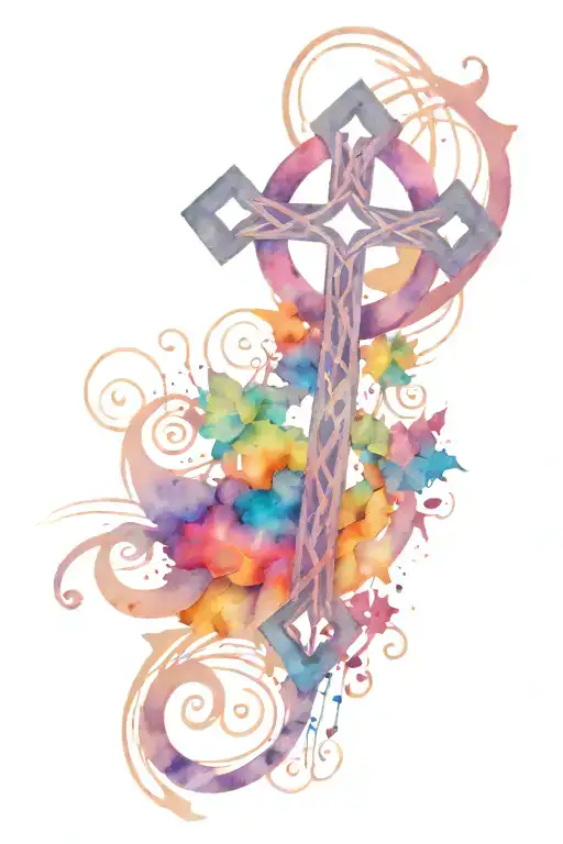 Celtic Knot Cross Surrounded By A Wind Storm Of Music Notes