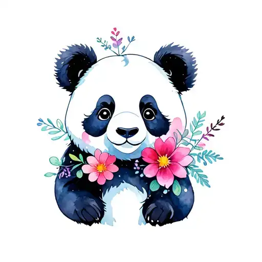 Panda With Flowers And Northern Lights Shining