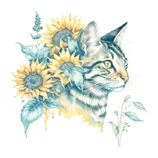 Tabby Cat And Sunflower Field