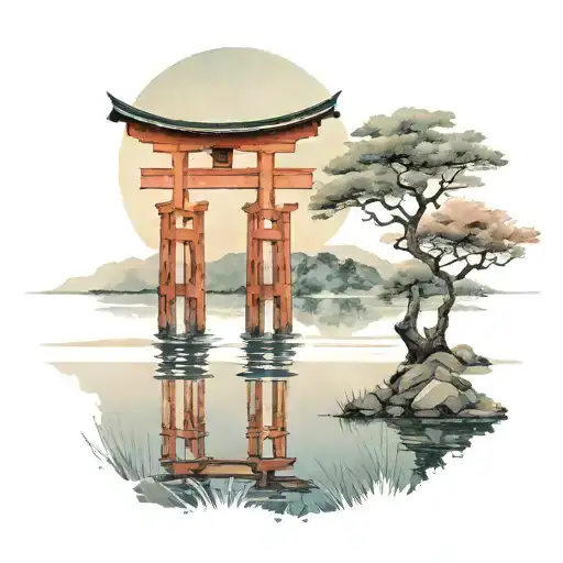 Paint Circle Surrounding Torii And Lake