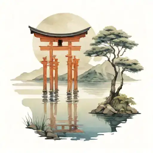 Paint Circle Surrounding Torii And Lake Surrounded