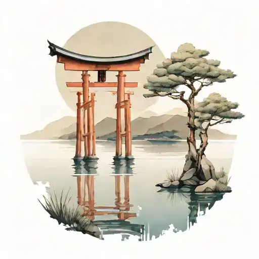 Torii And Lake Inside Painted Circle