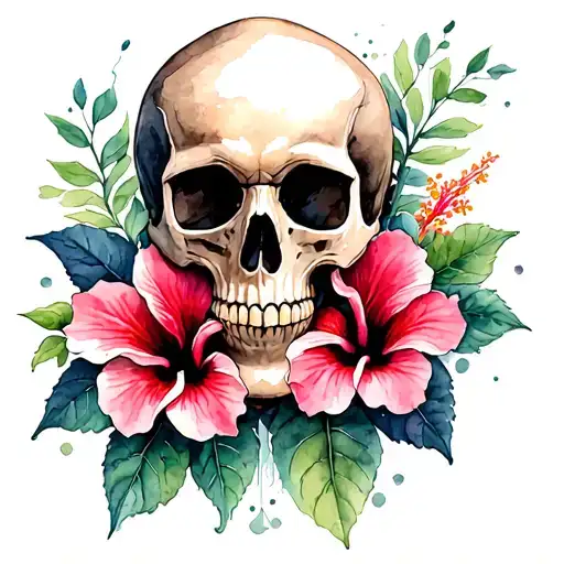 Skull And 2 Hibiscus Flower Blooming