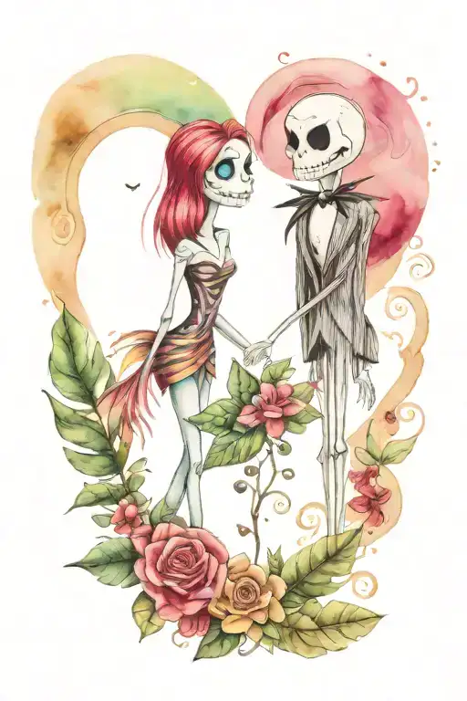 Jack And Sally Skellington And Monstera Plant And Bleeding Heart Plant