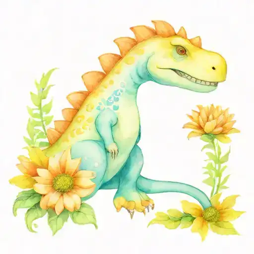 Cute Dinosaur With Chrysanthemums Flower