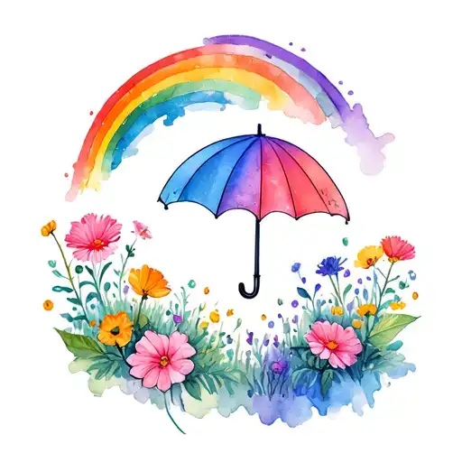 Watercolor Rainbow Umbrella With Flowers Growing