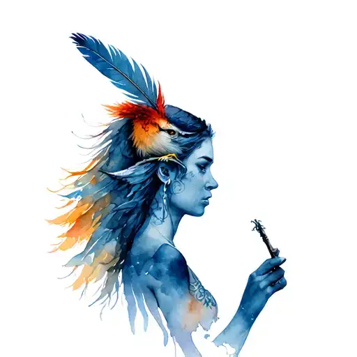Warrior Woman With A Feather Hawk On Her Head Profile Holding