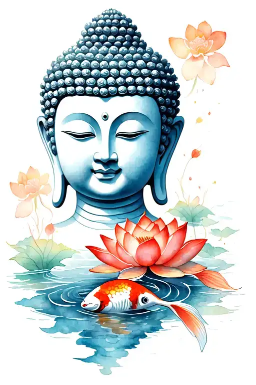 Buddha Head With Koi Swimming Downstream And Lotus