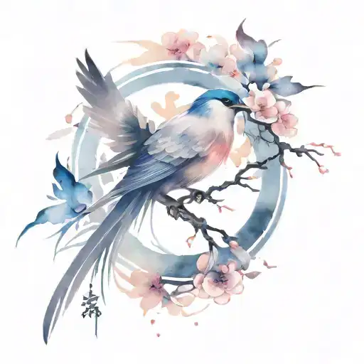 Chinese Calligraphy Style Tattoo Design And Birds