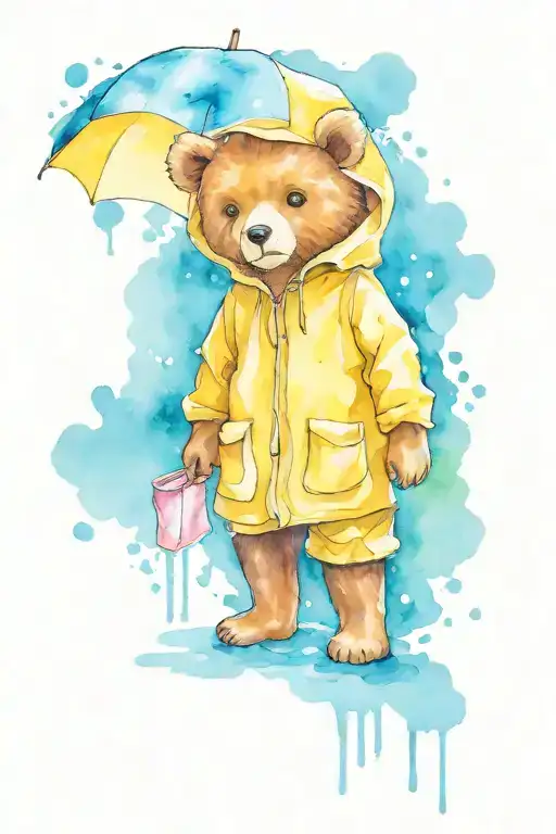 Sad Teddy Bear In Yellow Raincoat Surrounded