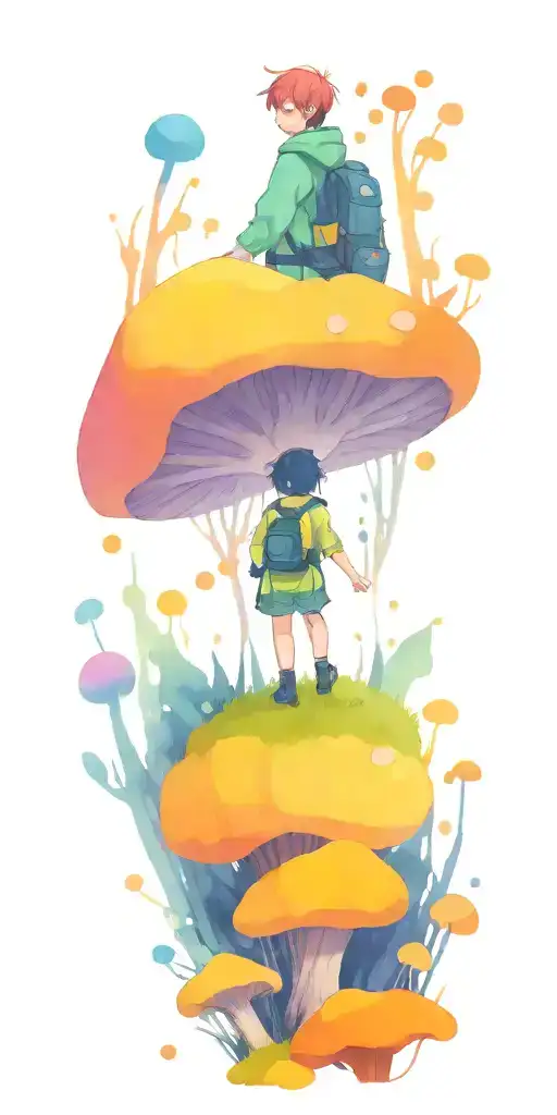 An Anime-inspired Character Hiking Through A Mystical Forest With Glowing Mushrooms
