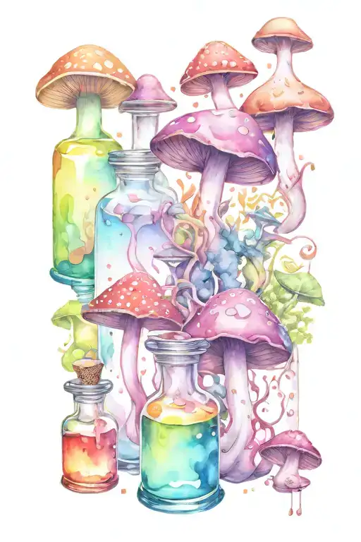Liquid-filled Potion Bottles With Color Filling Psychedelic Mushrooms Everywhere
