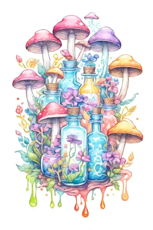 Liquid-filled Potion Bottles With Color Filling Psychedelic Mushrooms Everywhere