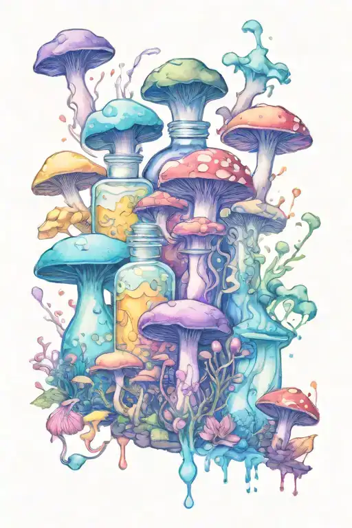 Liquid-filled Potion Bottles With Color Filling Psychedelic Mushrooms Surrounding Them