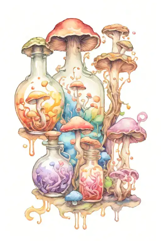 Liquid-filled Potion Bottles With Color Filling Psychedelic Mushrooms Growing Around Them