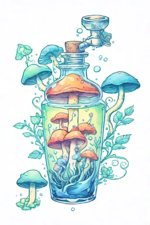 One Small Liquid-filled Potion Bottle With Color Filling Psychedelic Mushrooms Growing Around It