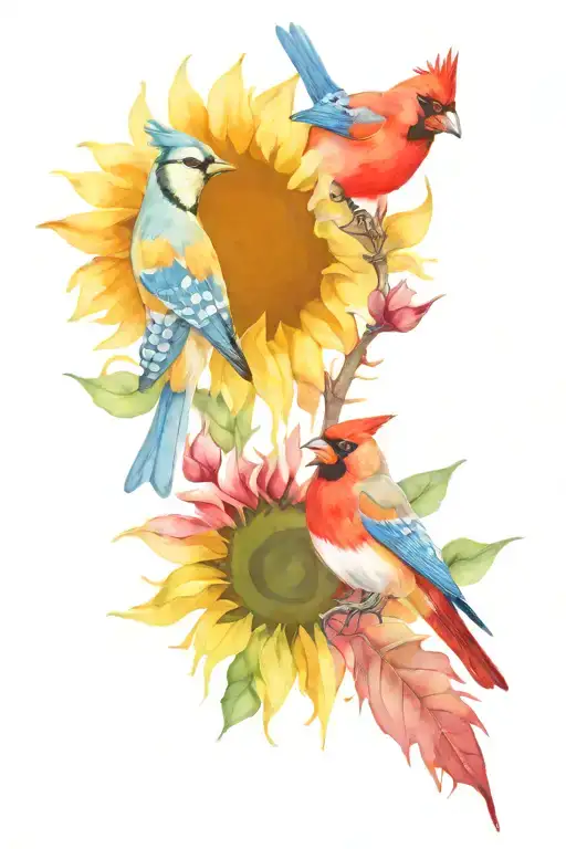 Sunflower And Blue Jay And Cardinal