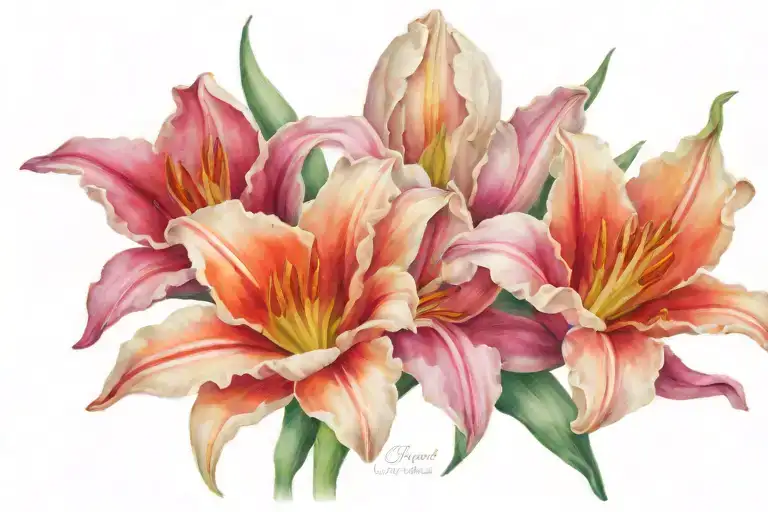 Realism 3 Tulips And 2 Lillies In A Bouque