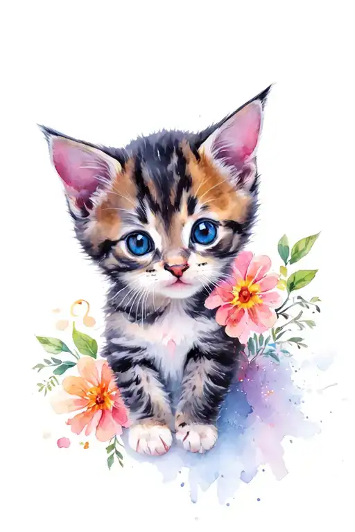 Kitten In Flowers With A Turpentine Key And Notes