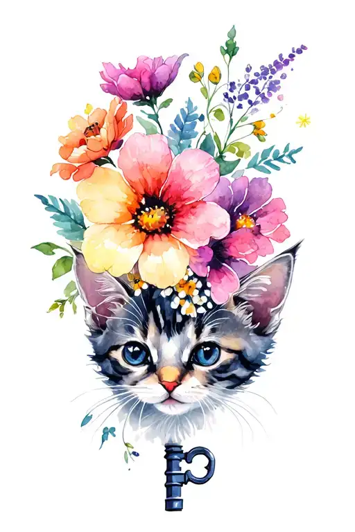 Kitten In Flowers With A Turpentine Key And Notes