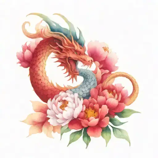 Dragon With Peonies In Traditional Style