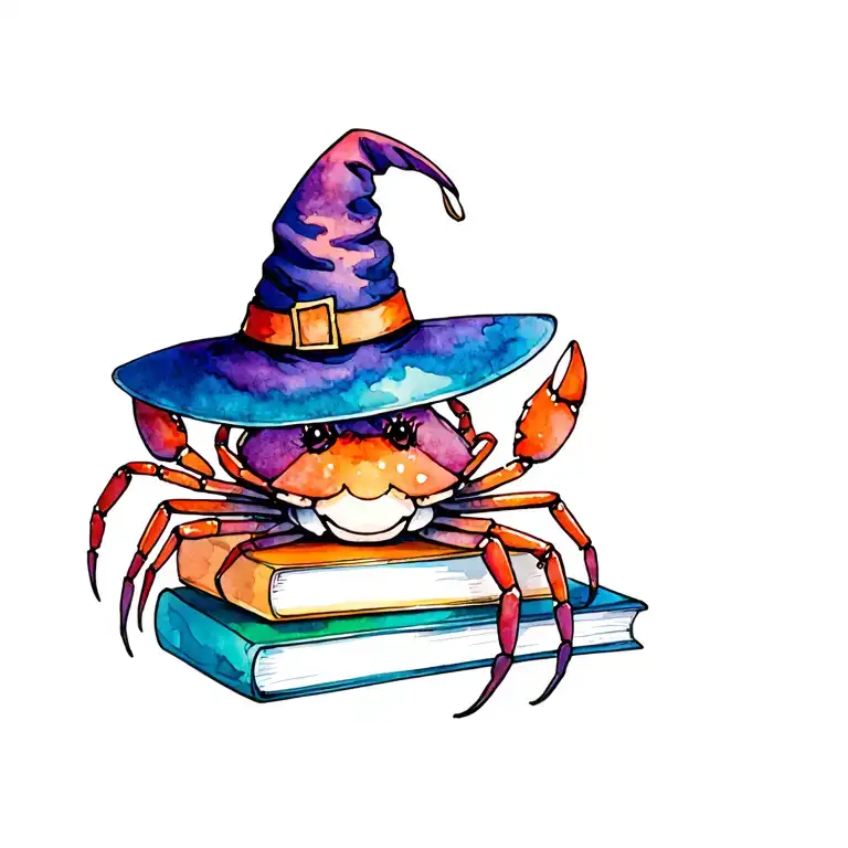 Cute Girly Crab On A Stack Of Books With A Witch Hat