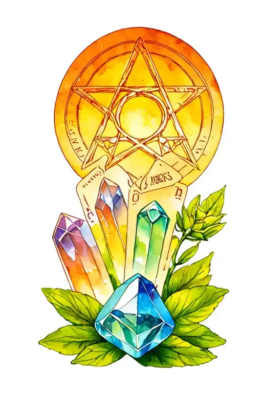 Tarot Cards And Crystals And Pentacle Symbol In The Center