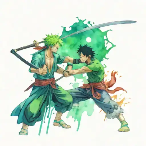 A Dynamic Portrait Of Zoro And Luffy Facing Off In A Fierce Battle Pose