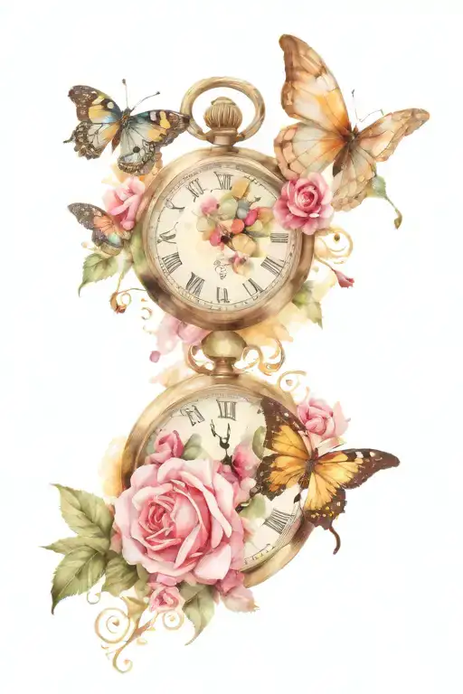 2 Pocket Watches With Butterflies And Music Notes With A Rose