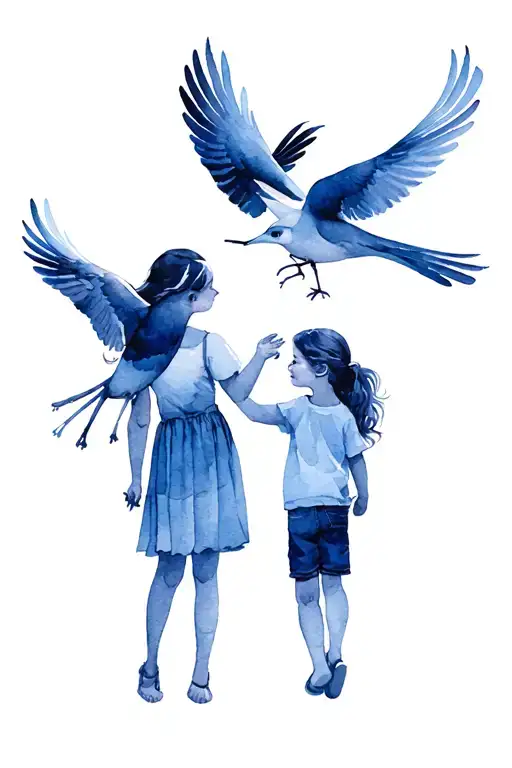 Mom And Children Huming Birds