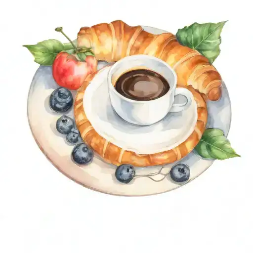 A Plate Of Croissant With Coffee And Fruits
