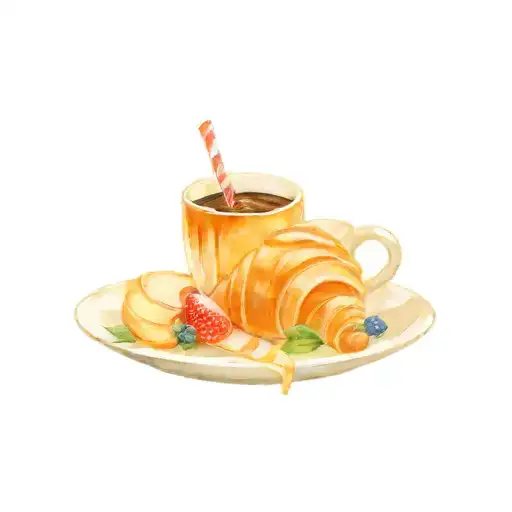 A Plate Of Croissant With Coffee And Fruits