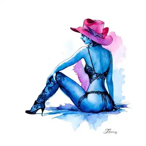 Western Pinup Girl Sitting With Bare Breast