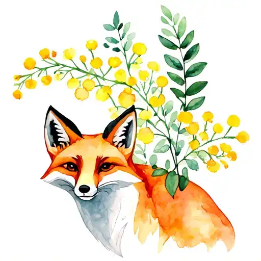 Fox With Mimosa Plants With Leaves