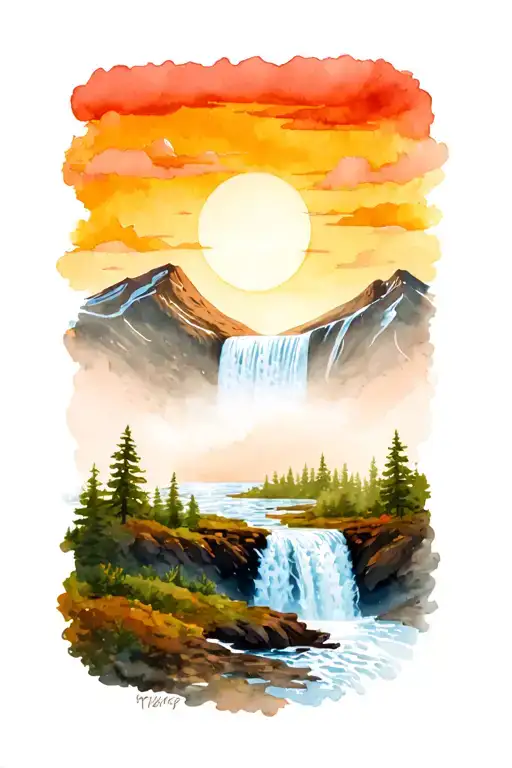 Waterfall Mountains Sunset